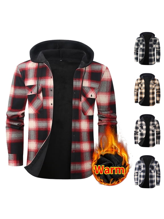Men's Sherpa Lined Plaid Flannel Shirt Jacket with Hood Button Down Slim Hoodies Winter Warm Outerwear Coat with Pockets