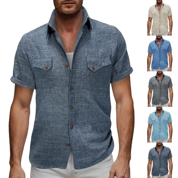 purcolt Mens Short Sleeve Cargo Top Casual Vintage Button Up Shirts Summer Loose Fit Work Shirts with 2 Pockets, Navy, L