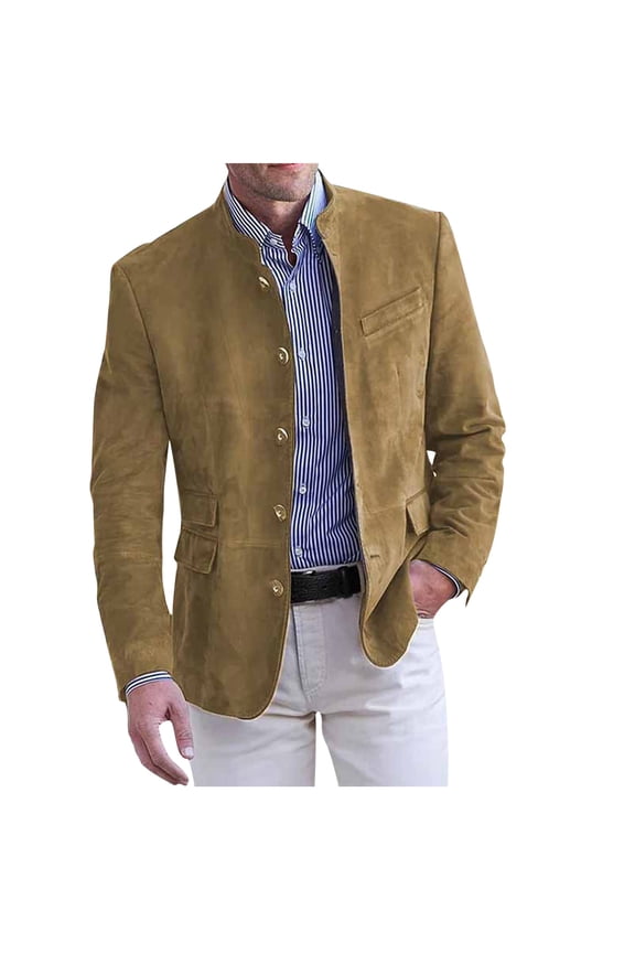 Men's Suede Leather Blazer Mock Neck Single Button Lightweight Elegant Casual Work Business Jacket Blazers