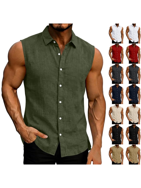 Men's Summer Tank Tops Button Down Sleeveless Collared Shirts Casual Workout Yoga Beach Vocation Shirts