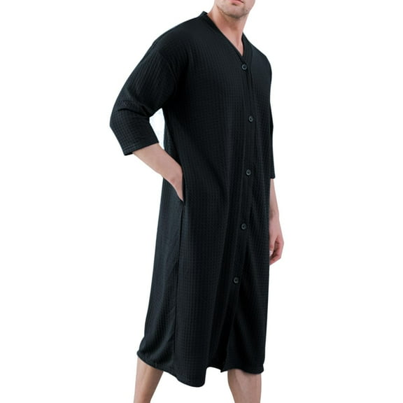 purcolt Men's Waffle Nightshirt Comfy 3/4 Sleeve Buttons Down Nightgown Soft Loose Sleepwear Lightweight Sleep Shirt Nightwear