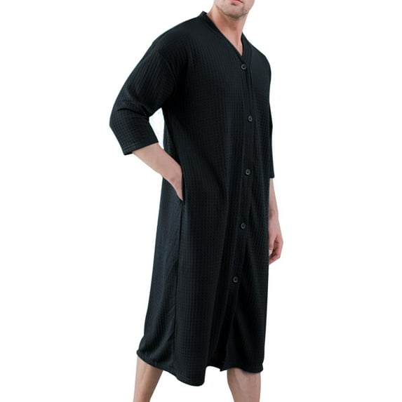 purcolt Men's Waffle Nightshirt Comfy 3/4 Sleeve Buttons Down Nightgown Soft Loose Sleepwear Lightweight Sleep Shirt Nightwear