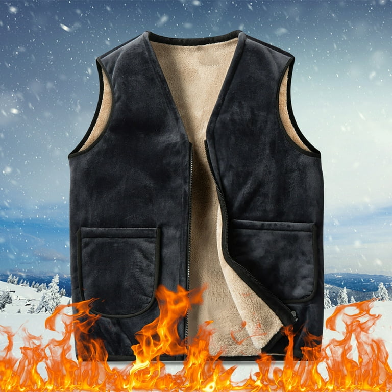 purcolt Men's Winter Fleece Lined Vest Plus Size Sleeveless Full Zipper V  Neck Warm Vest Thick Lamb Wool Jacket Outdoor Solid Color Travel Vest with