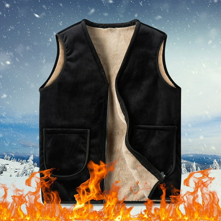 purcolt Men's Winter Fleece Lined Vest Plus Size Sleeveless Full Zipper V  Neck Warm Vest Thick Lamb Wool Jacket Outdoor Solid Color Travel Vest with