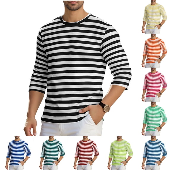 purcolt Mens Big and Tall Shirts Striped Crewneck Long Sleeve Pullover Shirts Casual Comfort Soft Elastic Basic tee Shirt