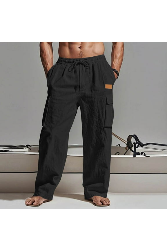 Mens Cargo Work Pants Straight Leg Elastic High Waist Drawstring Hiking Tactical Pants Work Pants with 4 Pockets Black 2XL