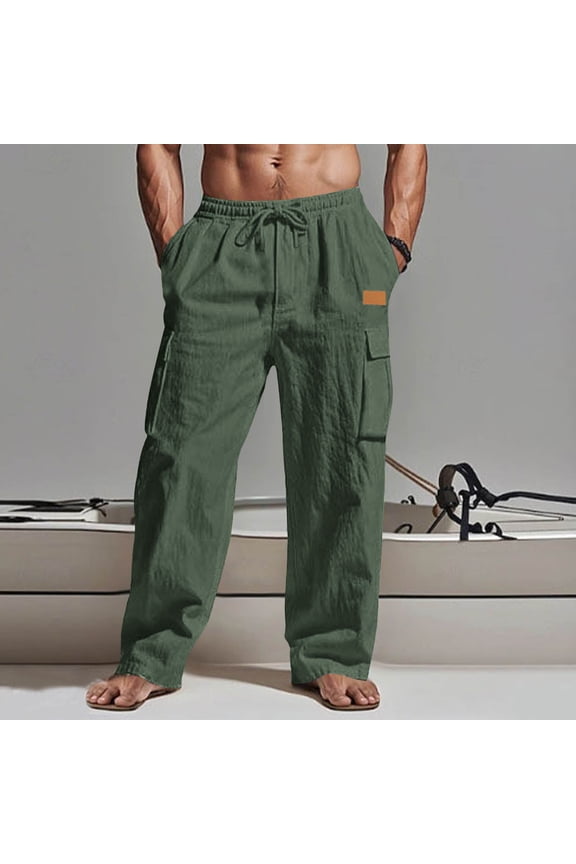 Mens Cargo Work Pants Straight Leg Elastic High Waist Drawstring Hiking Tactical Pants Work Pants with 4 Pockets Army Green L
