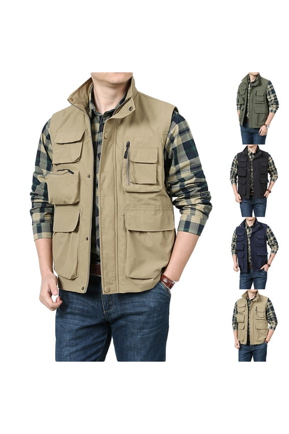 Mens Cargo Vest Jacket Sleeveless Work Vests Outdoor Fishing Travel Vests with Multi Pockets