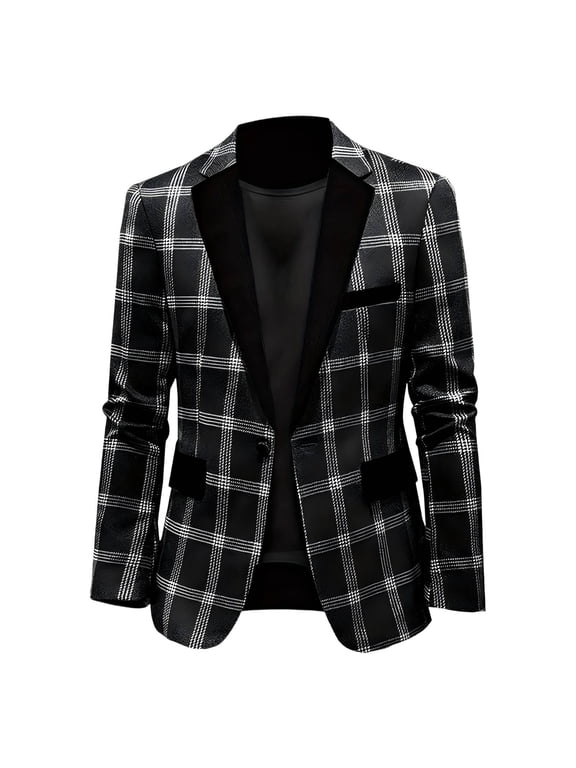 Mens Classic Fit Plaid One Button Suit Jacket Lightweight Business Casual Sport Coats Tuxedo Jacket with Pockets for Daily Wedding Prom Party