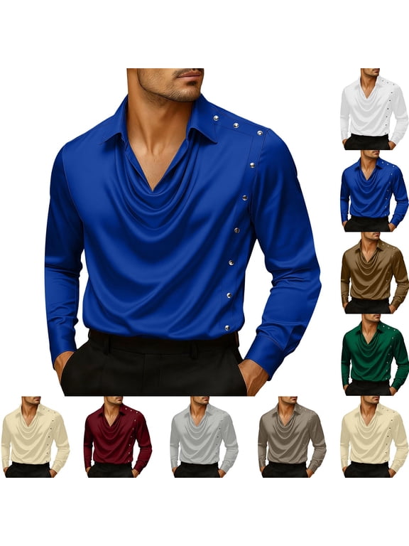 Mens Cowl Neck Draped Blouse Dressy Collared Long Sleeve Shirts Casual Loose Fit Satin Silk Tops for Club Party Disco