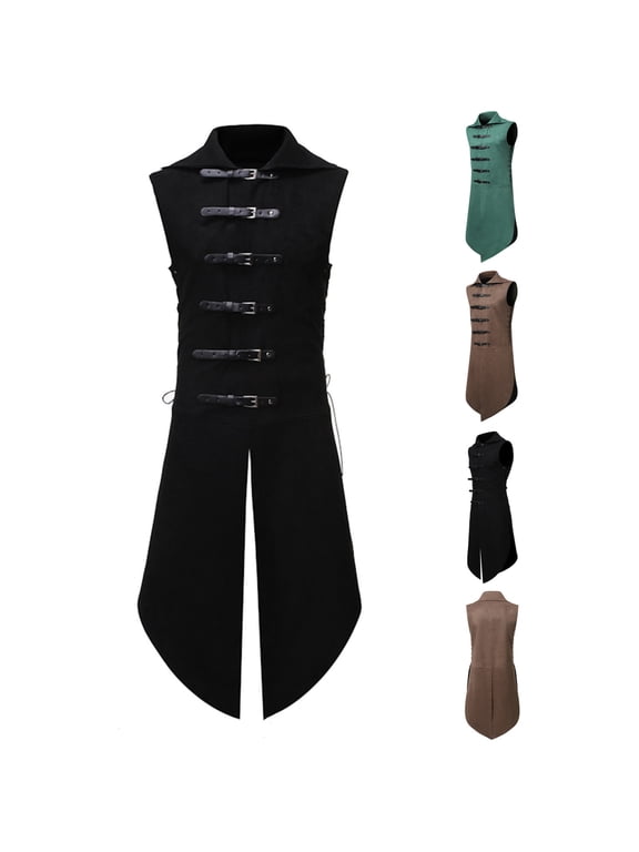 Mens Gothic Steampunk Vest Vintage Tailcoat Sleeveless Waistcoat Jacket Collared Medieval Long Trench Coats