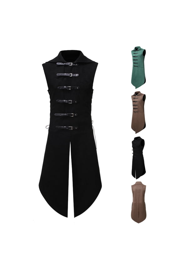 Mens Gothic Steampunk Vest Vintage Tailcoat Sleeveless Waistcoat Jacket Collared Medieval Long Trench Coats