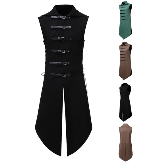 purcolt Mens Gothic Steampunk Vest Vintage Tailcoat Sleeveless Waistcoat Jacket Collared Medieval Long Trench Coats