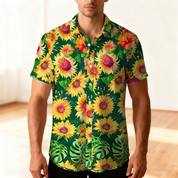 purcolt Mens Hawaiian Shirt Summer Short Sleeve Button Down Shirt Tropical Flower Print Casual Beach Vacations Party Tops
