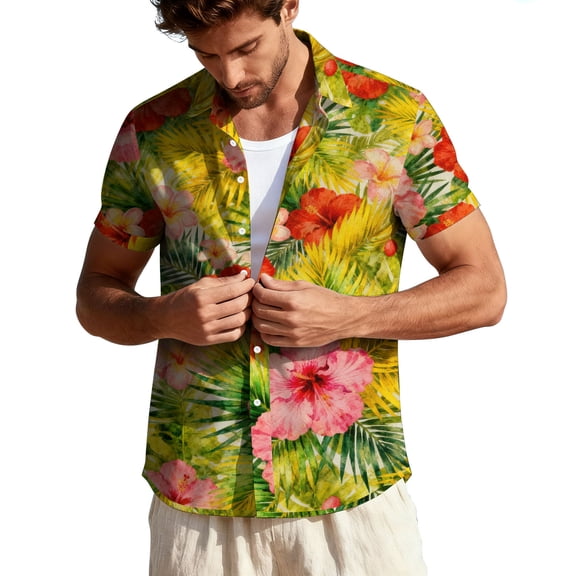 purcolt Mens Hawaiian Shirt Summer Short Sleeve Button Down Shirt Tropical Flower Print Casual Beach Vacations Party Tops