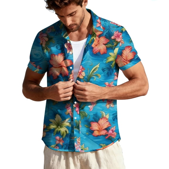 purcolt Mens Hawaiian Shirt Summer Short Sleeve Button Down Shirt Tropical Flower Print Casual Beach Vacations Party Tops