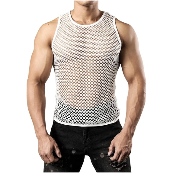 purcolt Mens Mesh Fishnet Muscle Tank Tops See Through Slim Fit Crew Neck Tee Shirt Workout Clubwear