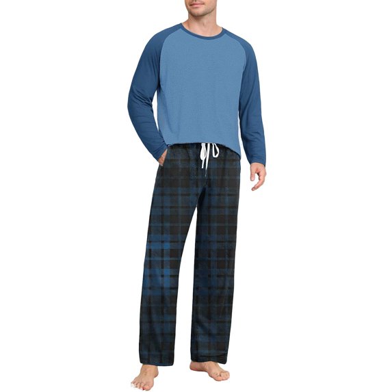 purcolt Mens Pajamas Set Color Block T-Shirt Comfy Pj Sets Long Sleeve 2-Piece Lounge Set Nightwear Plaid Sleepwear with Pockets