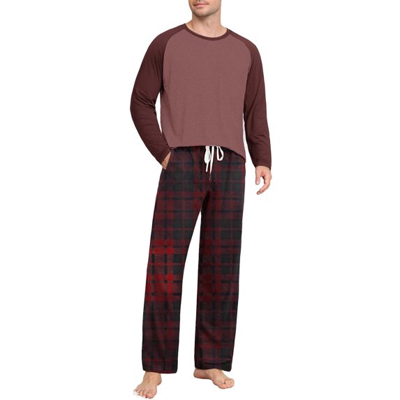 purcolt Mens Pajamas Set Color Block T-Shirt Comfy Pj Sets Long Sleeve 2-Piece Lounge Set Nightwear Plaid Sleepwear with Pockets