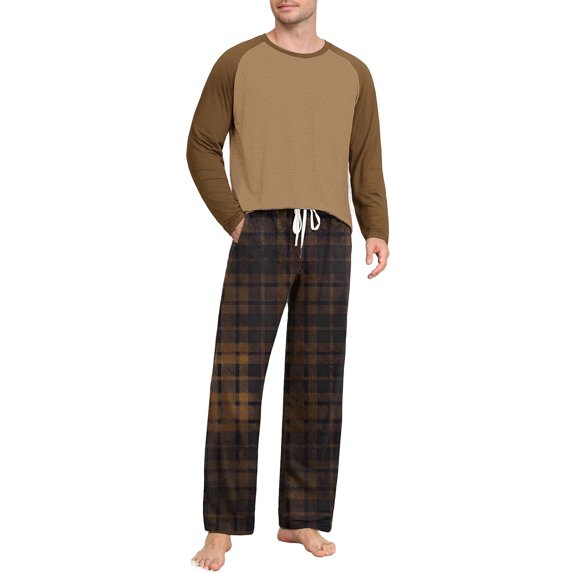 purcolt Mens Pajamas Set Color Block T-Shirt Comfy Pj Sets Long Sleeve 2-Piece Lounge Set Nightwear Plaid Sleepwear with Pockets