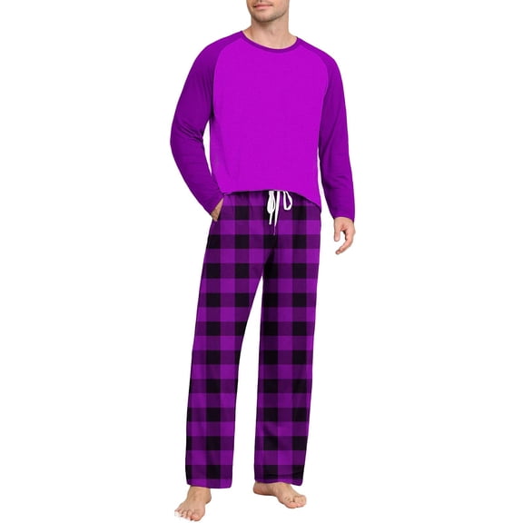purcolt Mens Pajamas Set Color Block T-Shirt Comfy Pj Sets Long Sleeve 2-Piece Lounge Set Nightwear Plaid Sleepwear with Pockets