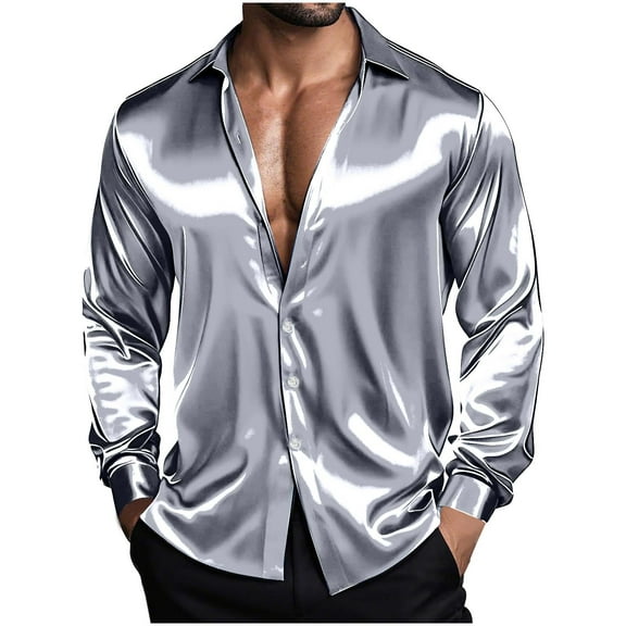 purcolt Mens Silk Satin Dress Shirts Long Sleeve Button Down Shirt Party Prom Wedding Shirt