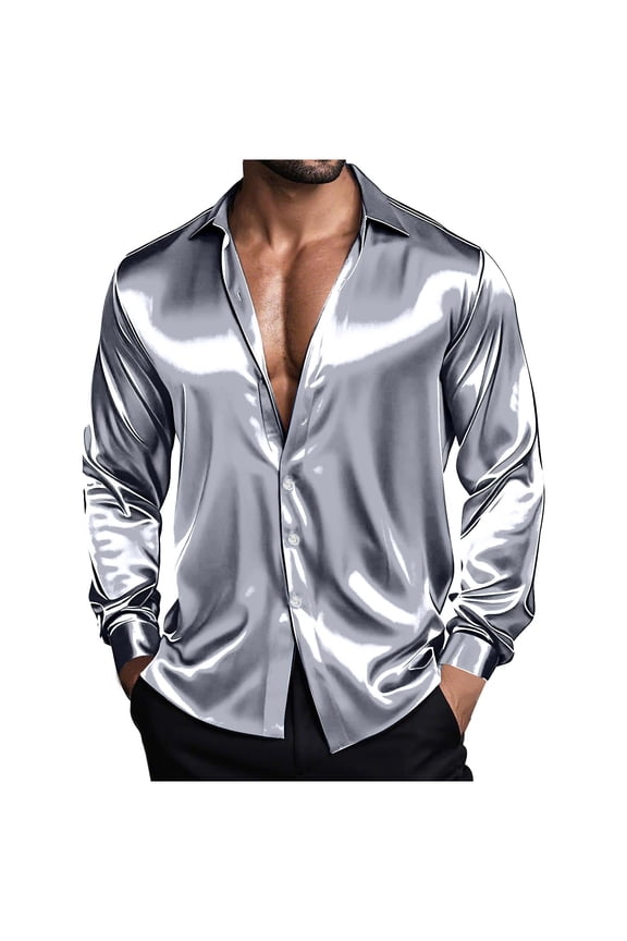 Mens Silk Satin Dress Shirts Long Sleeve Button Down Shirt Party Prom Wedding Shirt