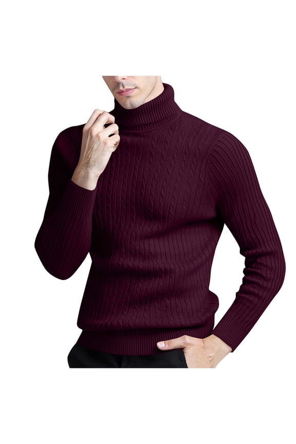 Mens Slim Fit Turtleneck Sweater Long Sleeve Cable Knitted Twisted Pullover Soft Casual Winter Tops