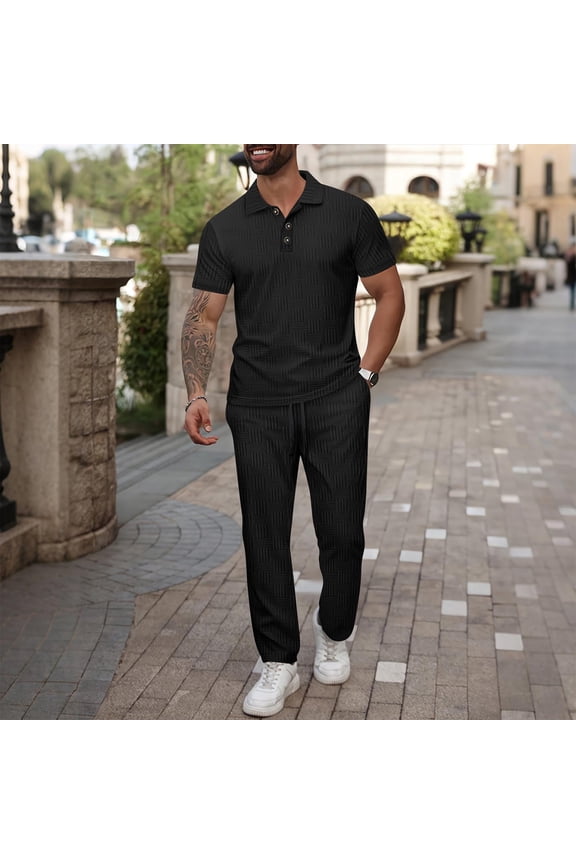 Mens Textured Sweat Suits Set Short Sleeve Shirts and Pants Tracksuit 2 Piece Outfits Summer Casual Tracksuits with Pockets
