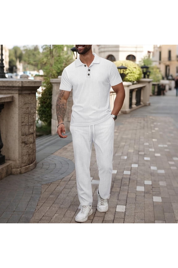 Mens Textured Sweat Suits Set Short Sleeve Shirts and Pants Tracksuit 2 Piece Outfits Summer Casual Tracksuits with Pockets