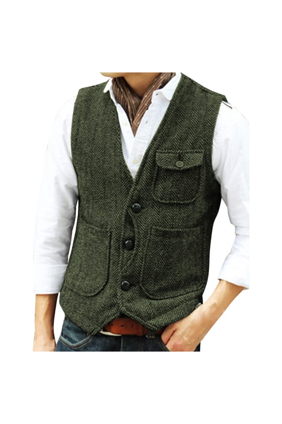 Mens Tweed Herringbone Wool Suit Vest Slim Fit Casual Business Formal Waistcoat for Groomsmen Wedding(Army Green, XL)