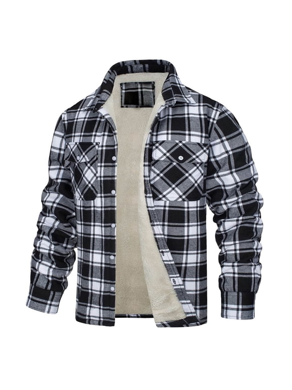Mens Warm Plush Plaid Jacket Button Down Sherpa Lining Shirt Jacket Casual Thickened Outerwear