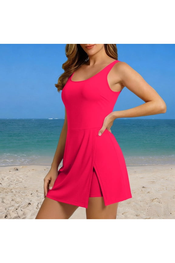 One Piece Swimsuit for Women Tummy Control Modest Bathing Suit Split Hem Swim Dress Built in Short and Pockets