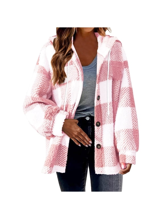 Plaid Coat for Woman Fuzzy Sherpa Fleece Lined Flannel Shirt Hooded Drawstring Casual Long Sleeve Button Down Coats