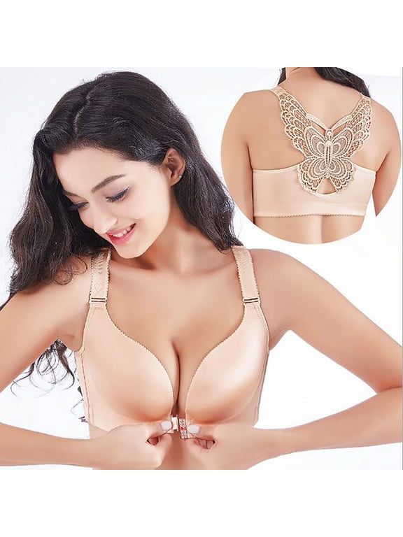 Plus Size Front Closure Wirefree Bras for Women, Comfort Seamless Push Up Bra Butterfly Beauty Back Bralettes Full-Coverage Wireless Brassiere Lightly Lingerie Everyday Underwear