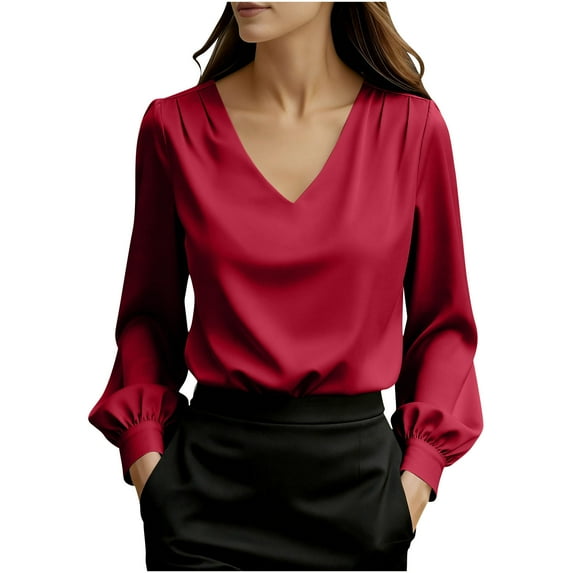purcolt Satin Silk Tops for Women Business Dressy Casual Work Blouse V Neck Puff Long Sleeve Shirts Soft Tunic Tops