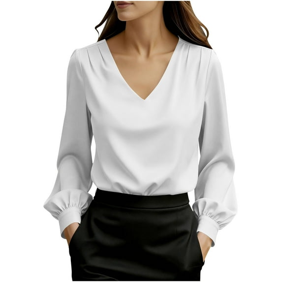 purcolt Satin Silk Tops for Women Business Dressy Casual Work Blouse V Neck Puff Long Sleeve Shirts Soft Tunic Tops