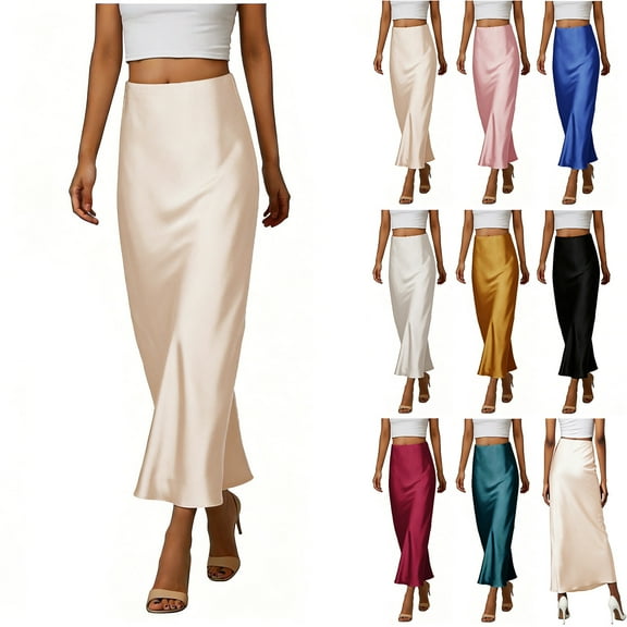 purcolt Satin Skirts for Women High Waist Elegant Flared Midi Skirt Dressy Casual Work Office Fishtail Long Skirt for Cocktail Wedding