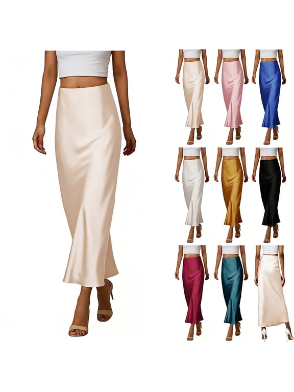Satin Skirts for Women High Waist Elegant Flared Midi Skirt Dressy Casual Work Office Fishtail Long Skirt for Cocktail Wedding