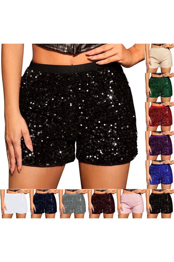 Sequin Shorts for Women, Shiny High Waisted Elastic Straight Leg Hot Pants Sparkly Glitter Clubwear Party Rave Shorts