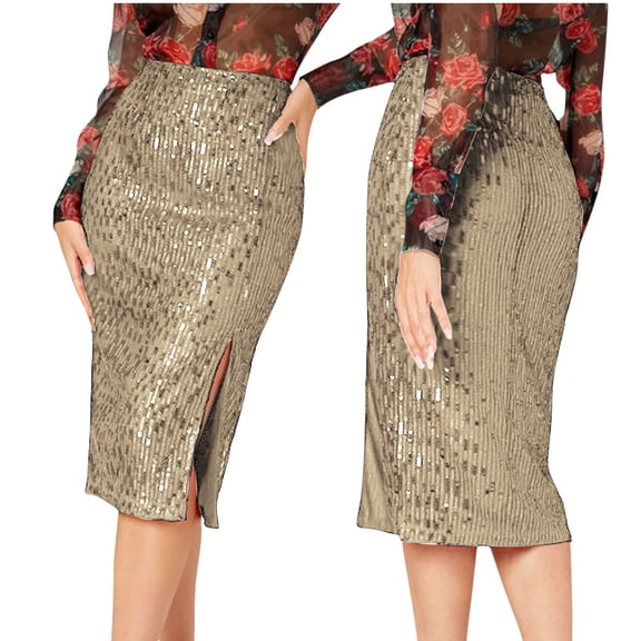 purcolt Sequin Skirt for Women High Waisted Side Slit Midi Skirt Elegant Sparkly Pencil Skirt