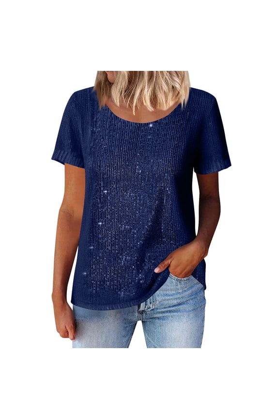 Sequin Tops for Women Party Night Crew Neck Short Sleeve Sparkle Top Casual Dressy Loose Fit Glitter Shirts