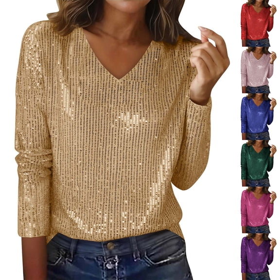 purcolt Sequin Tops for Women V Neck Long Sleeve Sparkly Glitter Shirts Casual Tunic Tops for Concert Party Disco