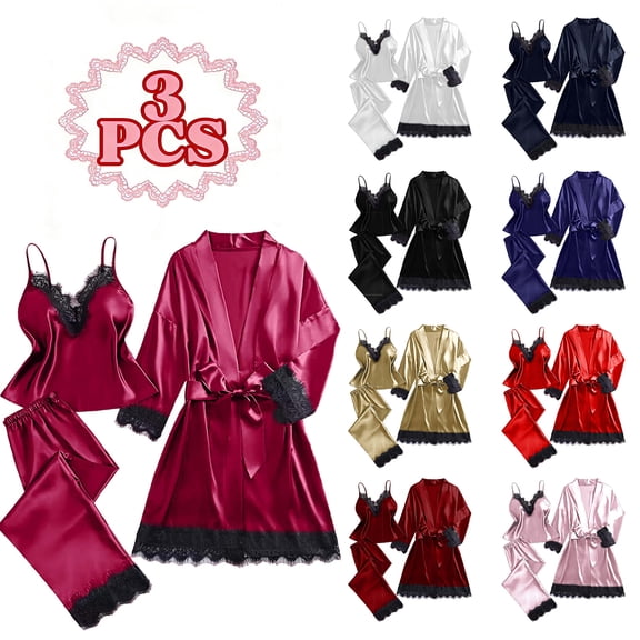 purcolt Silk Satin Pajamas for Women Set Long Sleeve Lounge Sets Soft 3 Piece Pj Sets Cami Top and Long Pants Lace Trim Robes Sleepwear Loungewear S-3XL
