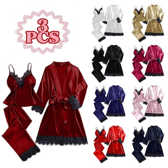 purcolt Silk Satin Pajamas for Women Set Long Sleeve Lounge Sets Soft 3 Piece Pj Sets Cami Top and Long Pants Lace Trim Robes Sleepwear Loungewear S-3XL