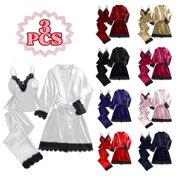 purcolt Silk Satin Pajamas for Women Set Long Sleeve Lounge Sets Soft 3 Piece Pj Sets Cami Top and Long Pants Lace Trim Robes Sleepwear Loungewear S-3XL
