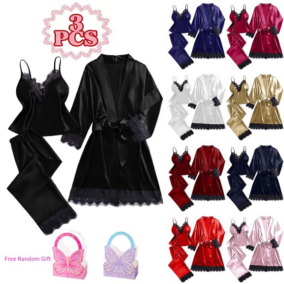 purcolt Silk Satin Pajamas for Women Set Long Sleeve Lounge Sets Soft 3 Piece Pj Sets Cami Top and Long Pants Lace Trim Robes Sleepwear Loungewear S-3XL