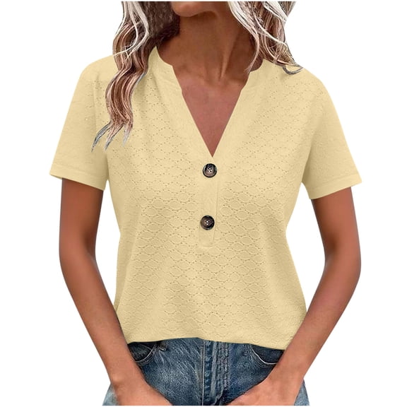 purcolt T Shirts for Women Short Sleeve V Neck Buttons Eyelet Shirts Summer Casual Tunic Tops Ladies Trendy Blouses(Yellow, S)