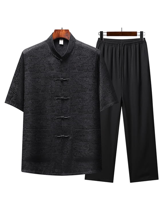 Tang Suit Men Chinese Traditional Clothes Kung Fu Shirt Uniform Long Sleeve Button Up Tops and Pants 2 Piece Outfit Sets