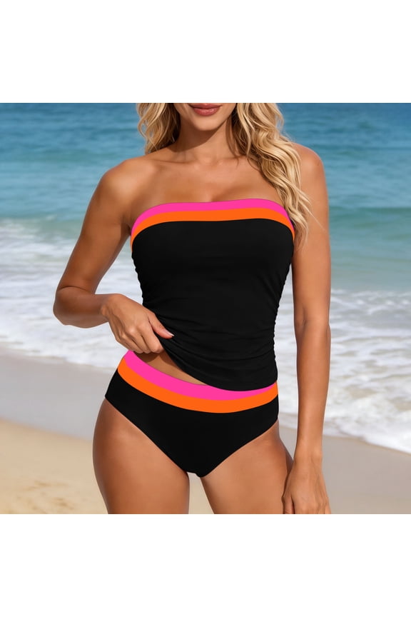 Tankini Swimsuits for Women - Two Piece Ruched Tummy Control Bathing Suit Strapless Swimwear with Bottom